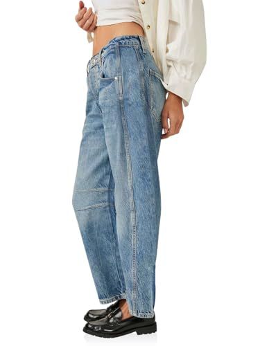 Women's Barrel Baggy Boyfriend Jeans Wide Leg Mid Rise Denim Pants