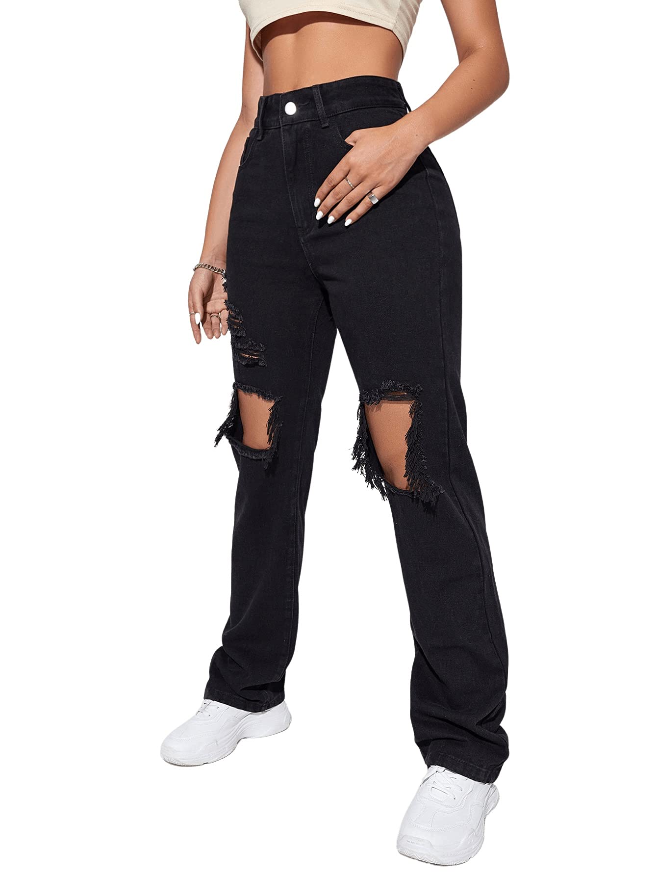 Women's Baggy Jeans Loose Ripped Denim Pants Distressed Wide Leg Jeans