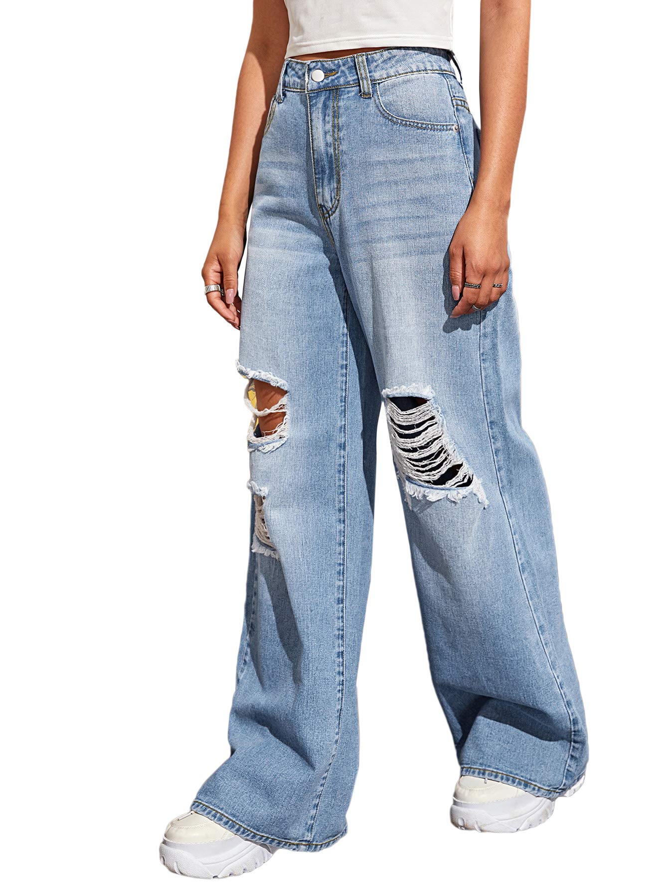 Women's Baggy Jeans Loose Ripped Denim Pants Distressed Wide Leg Jeans