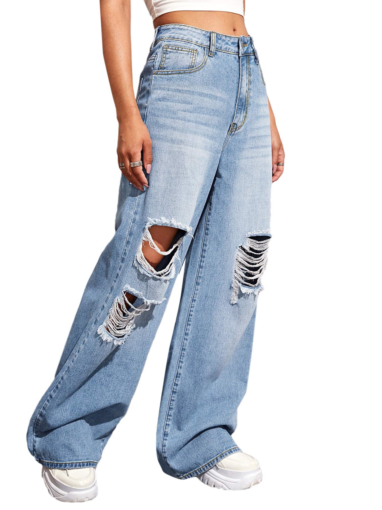 Women's Baggy Jeans Loose Ripped Denim Pants Distressed Wide Leg Jeans