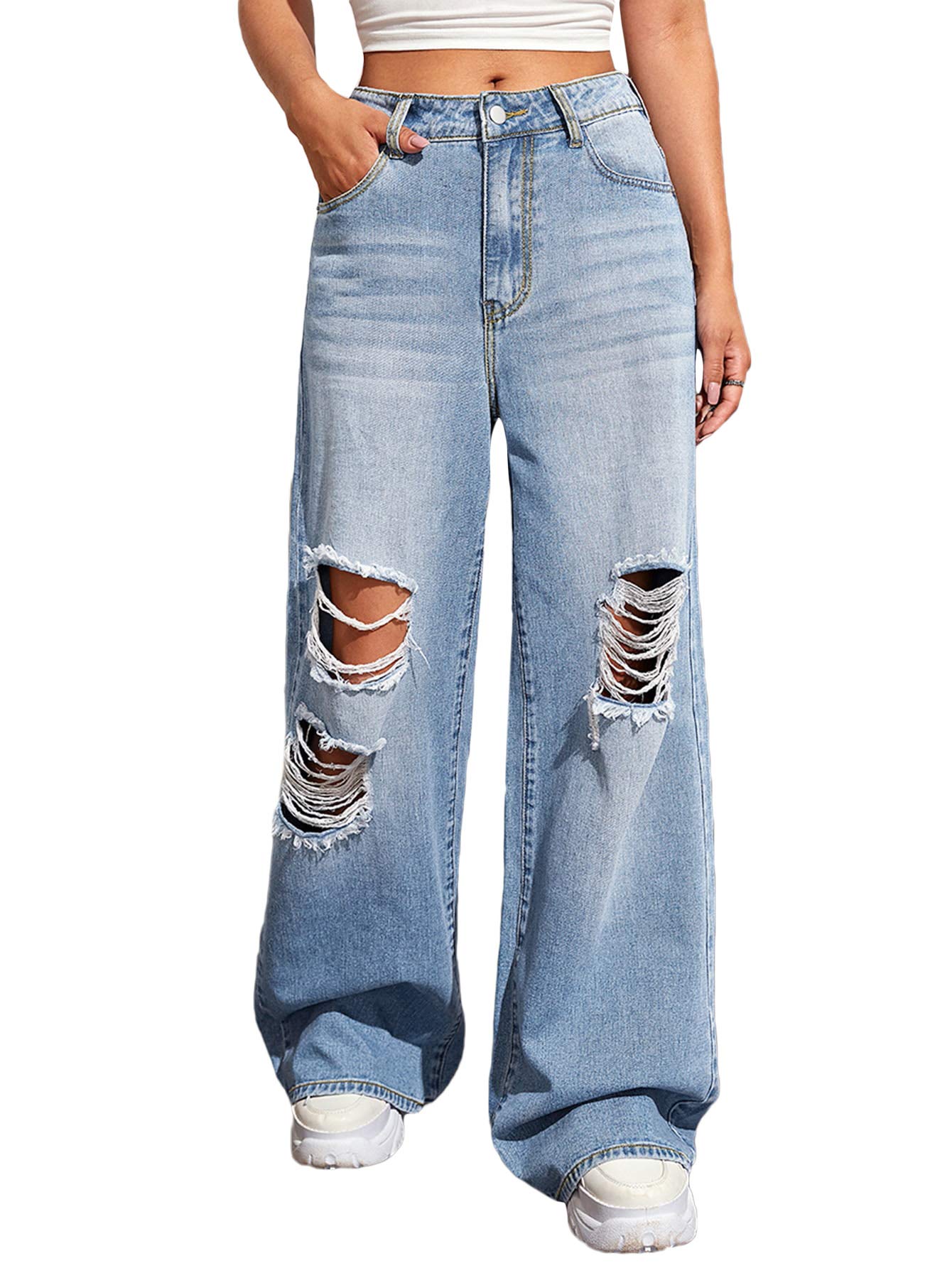 Women's Baggy Jeans Loose Ripped Denim Pants Distressed Wide Leg Jeans