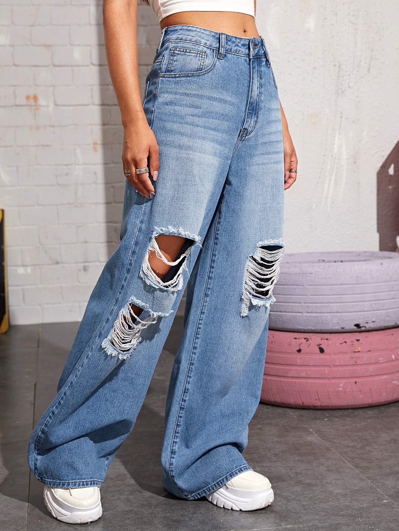 Women's Baggy Jeans Loose Ripped Denim Pants Distressed Wide Leg Jeans