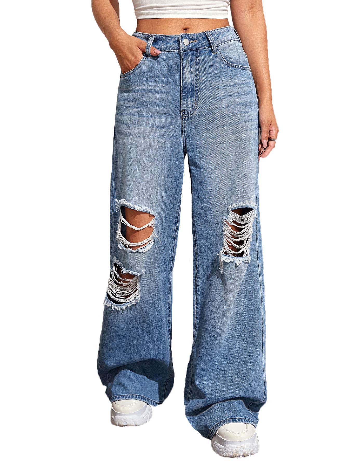 Women's Baggy Jeans Loose Ripped Denim Pants Distressed Wide Leg Jeans