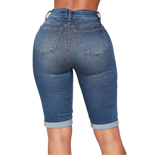 Women’s Biker Stretch Denim Knee Length Shorts Moto-inspired Ribbed Jeans - Navy Color Back View