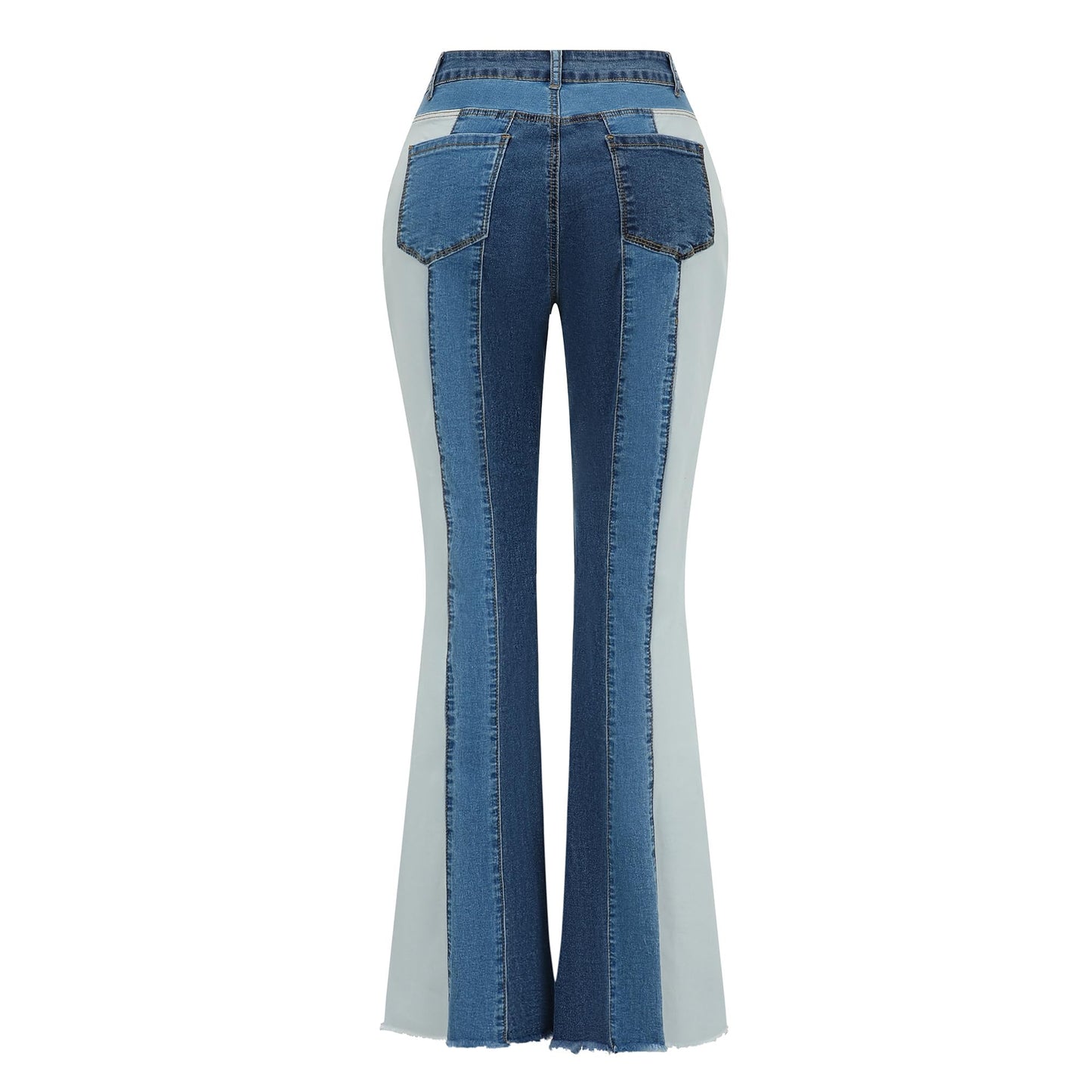 Women’s Color Block Patchwork Flare Jeans High Waisted Bell Bottom Raw Hem Denim Blue Color back view