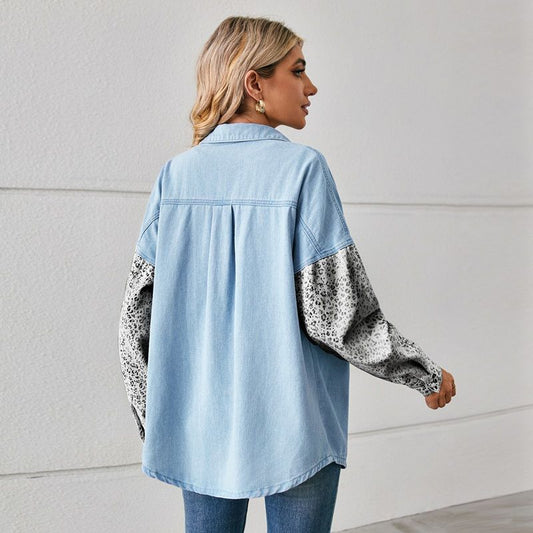 Women¡®s contrast pocket denim shirt button down long sleeve casual top in blue, back view