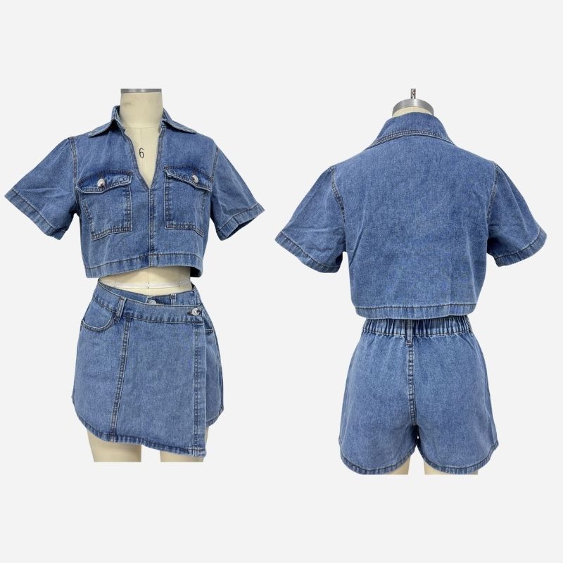 Women¡¯s cropped denim shirt & high waist jean skirt two piece set in light blue, front and back views