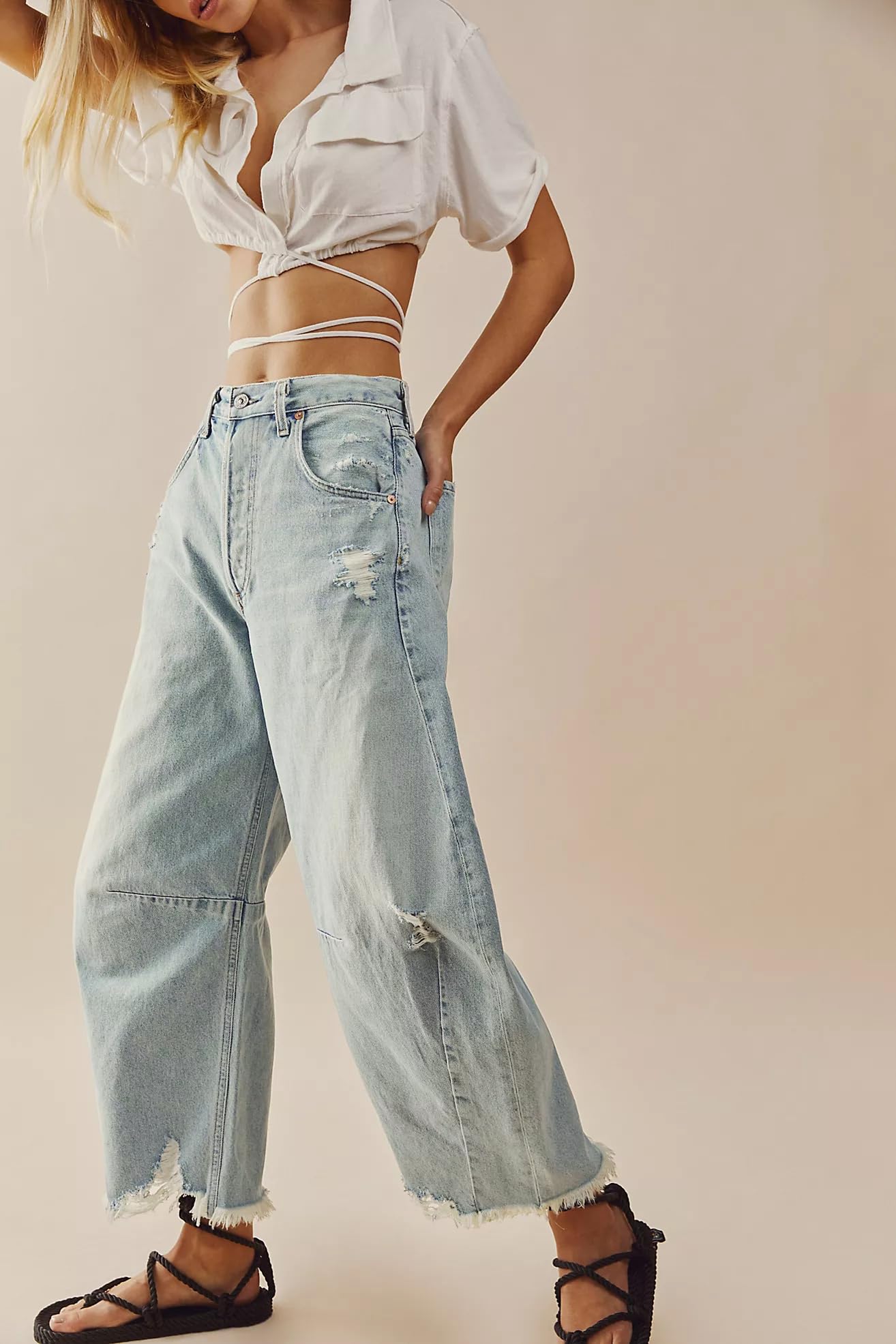 Women's High Waisted Barrel Baggy Jeans Stretch Denim Pants Trousers