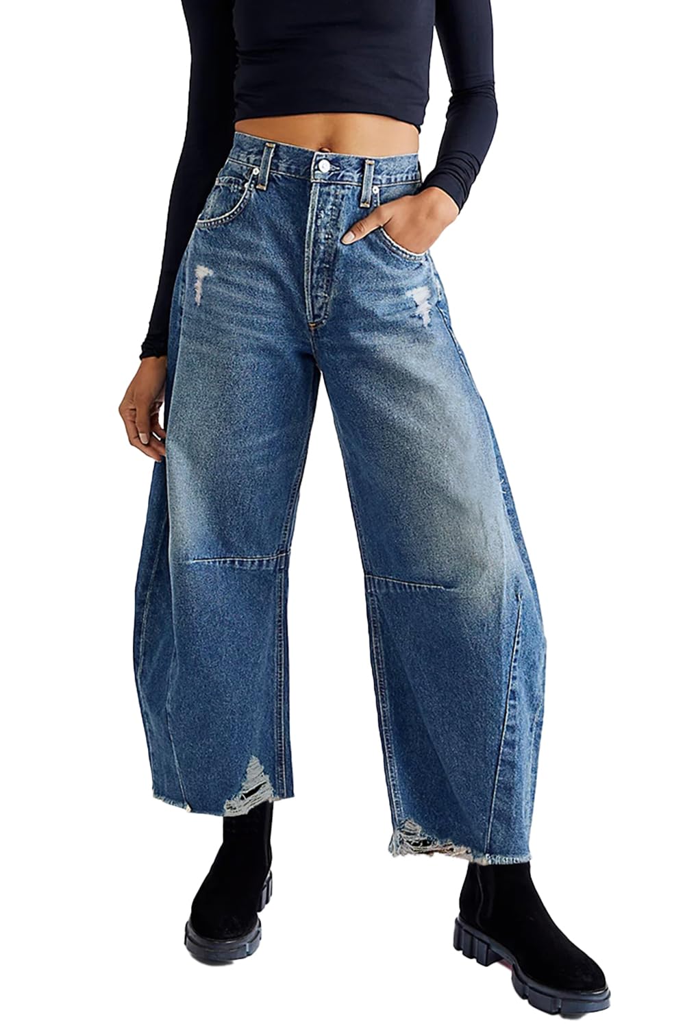 Women's High Waisted Barrel Baggy Jeans Stretch Denim Pants Trousers