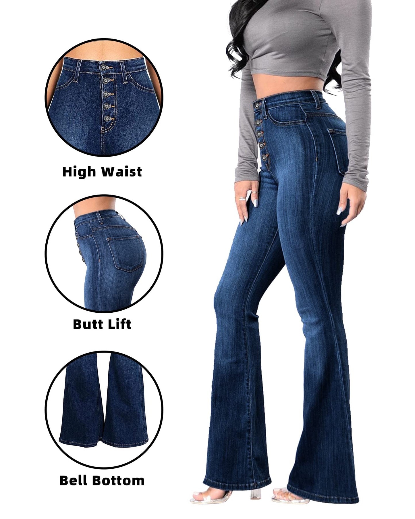 Women’s High Waisted Bell Bottom Stretch Flare Bootcut Denim Jeans navy color details