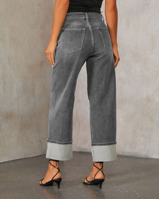 Women’s High Waisted Straight Leg Cuffed Jeans Vintage Casual Denim Pants