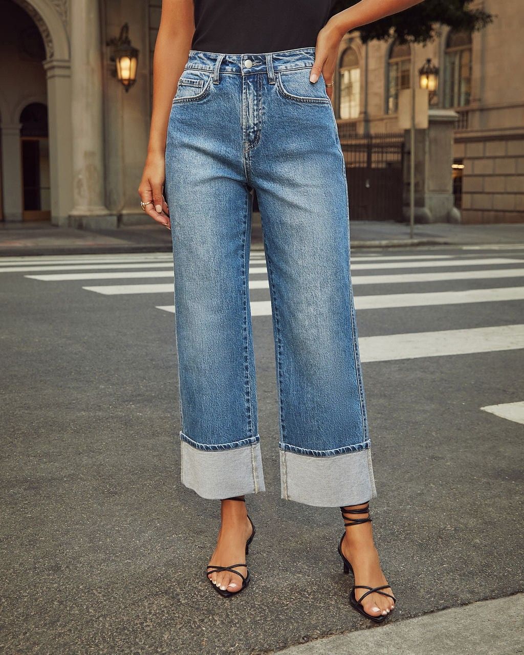 Women’s High Waisted Straight Leg Cuffed Jeans Vintage Casual Denim Pants