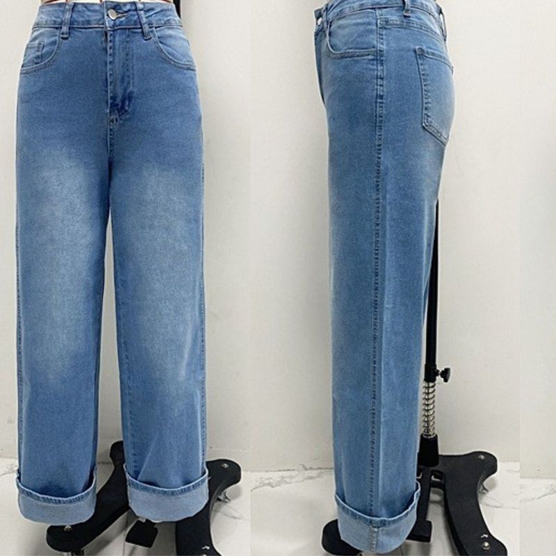Women’s High Waisted Straight Leg Cuffed Jeans Vintage Casual Denim Pants