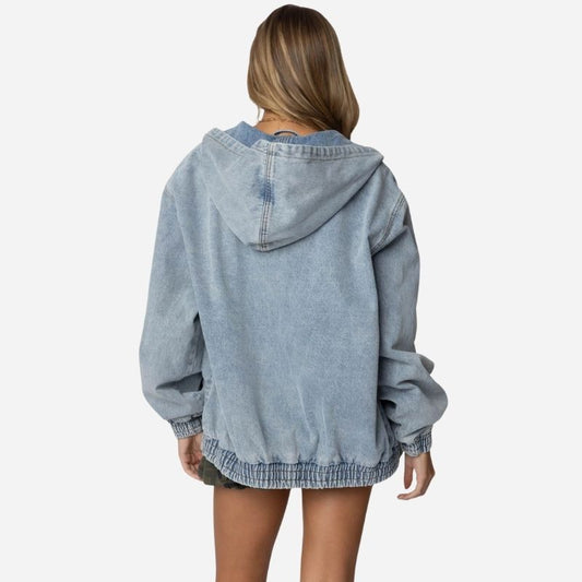 Women's hooded denim bomber jacket oversized fit zip front jean coat, back view