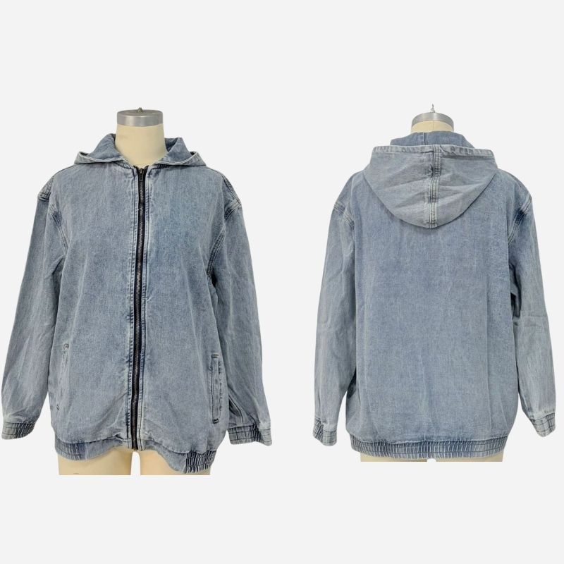 Women's hooded denim bomber jacket oversized fit zip front jean coat, front and back views