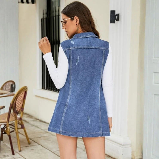 women's long denim vest sleeveless jean jacket in blue, back view