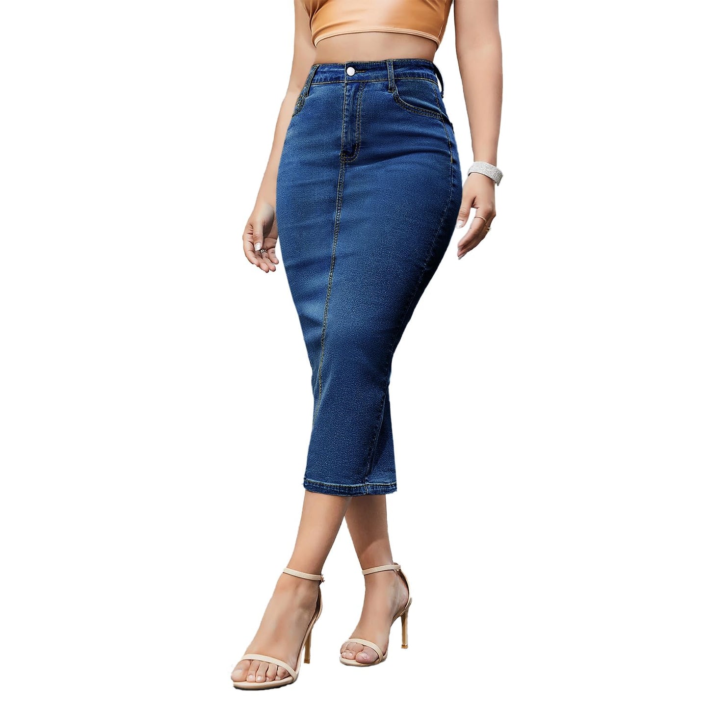 Women's Long Jean Pencil Skirt Denim with Back Slit Bodycon A-line Skirt