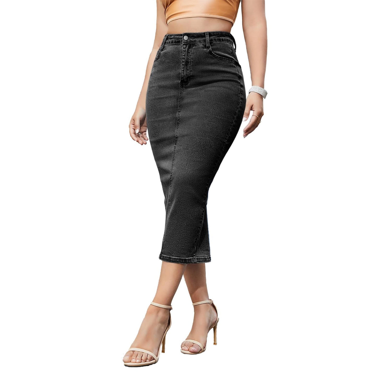 Women's Long Jean Pencil Skirt Denim with Back Slit Bodycon A-line Skirt