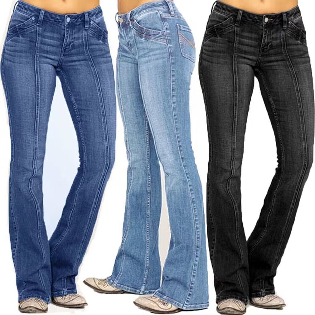 Women's Low Rise Flare Jeans Retro Center Seam Slim Fit Long Denim Pants