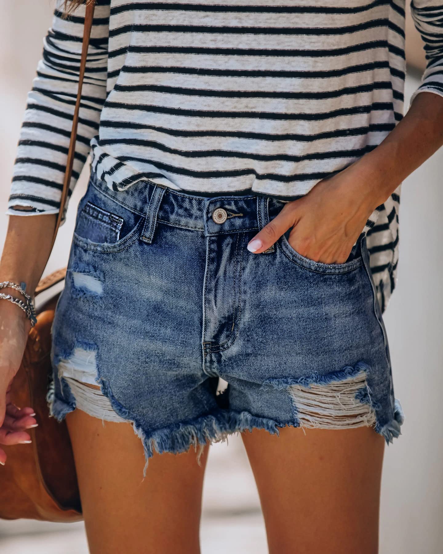 Women's Mid-high Waisted Ripped Denim Jean Shorts Cutoff Summer Short Pants