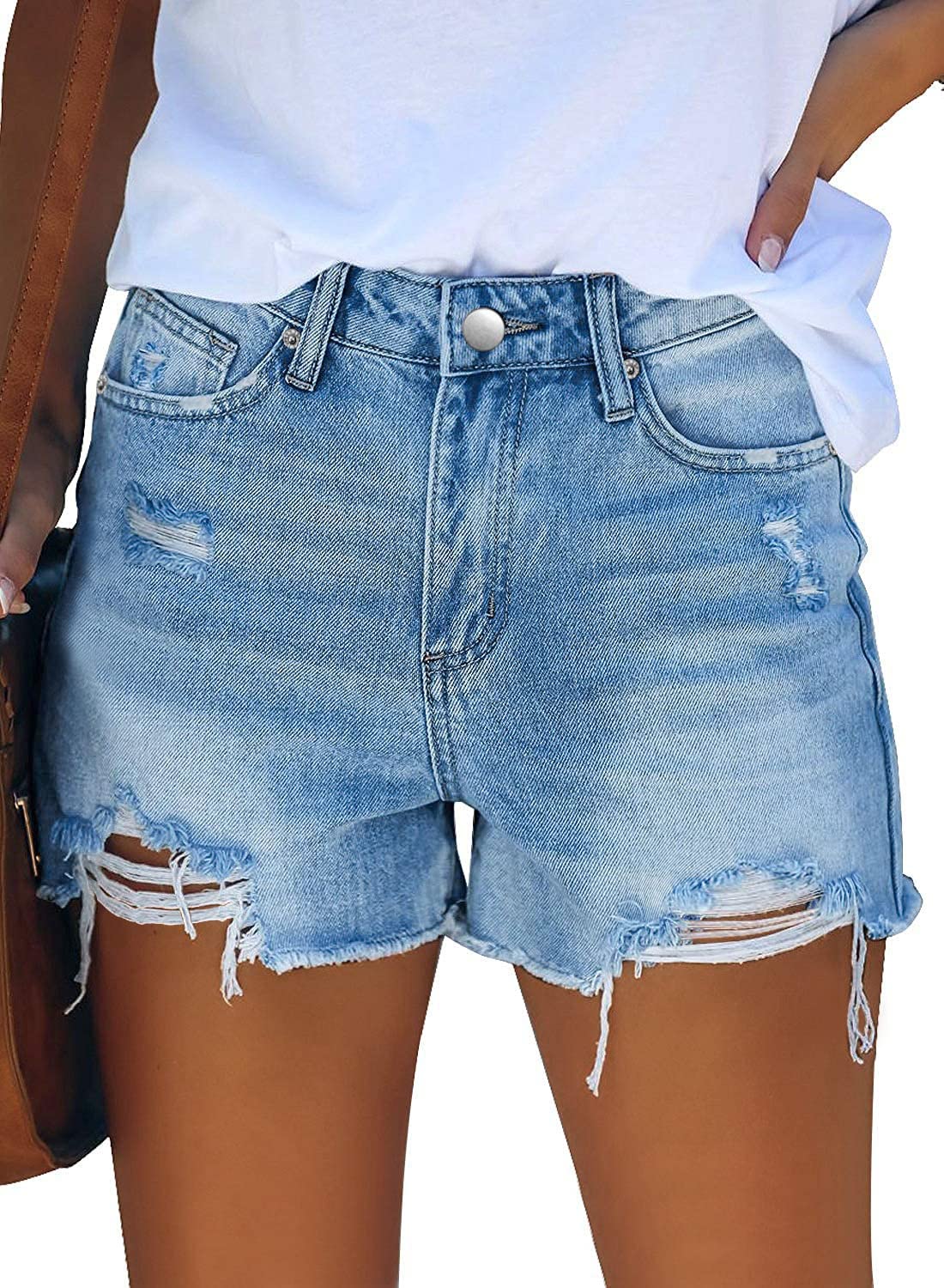 Women's Mid-high Waisted Ripped Denim Jean Shorts Cutoff Summer Short Pants