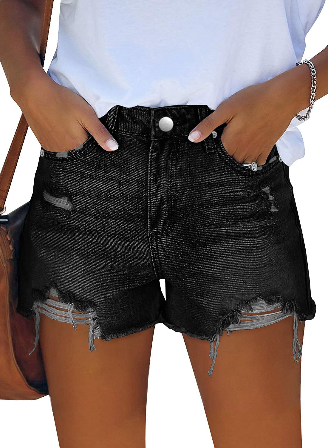 Women's Mid-high Waisted Ripped Denim Jean Shorts Cutoff Summer Short Pants