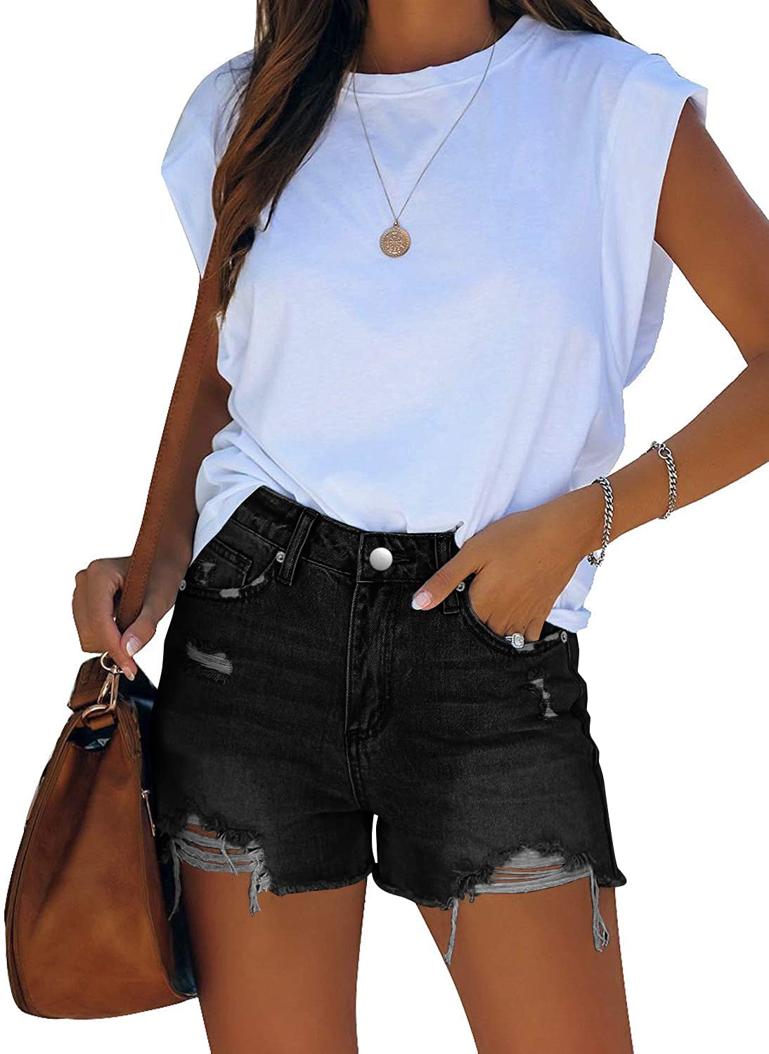 Women's Mid-high Waisted Ripped Denim Jean Shorts Cutoff Summer Short Pants
