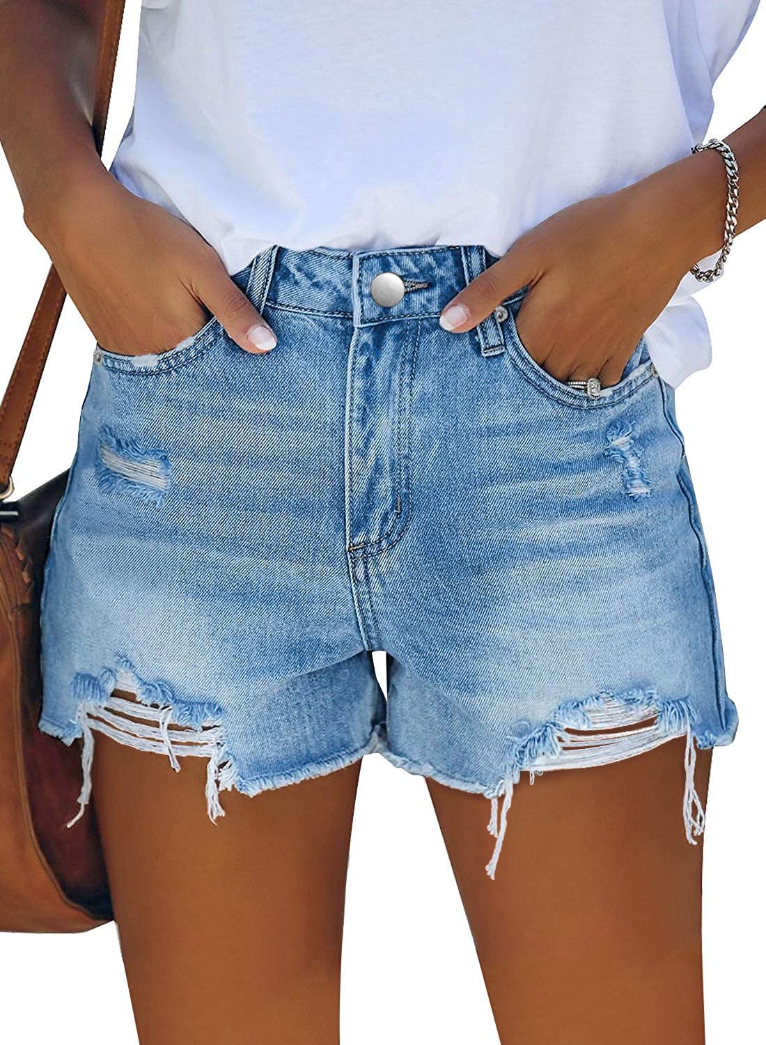Women's Mid-high Waisted Ripped Denim Jean Shorts Cutoff Summer Short Pants