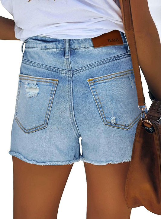 Women's Mid-high Waisted Ripped Denim Jean Shorts Cutoff Summer Short Pants blue color with back view