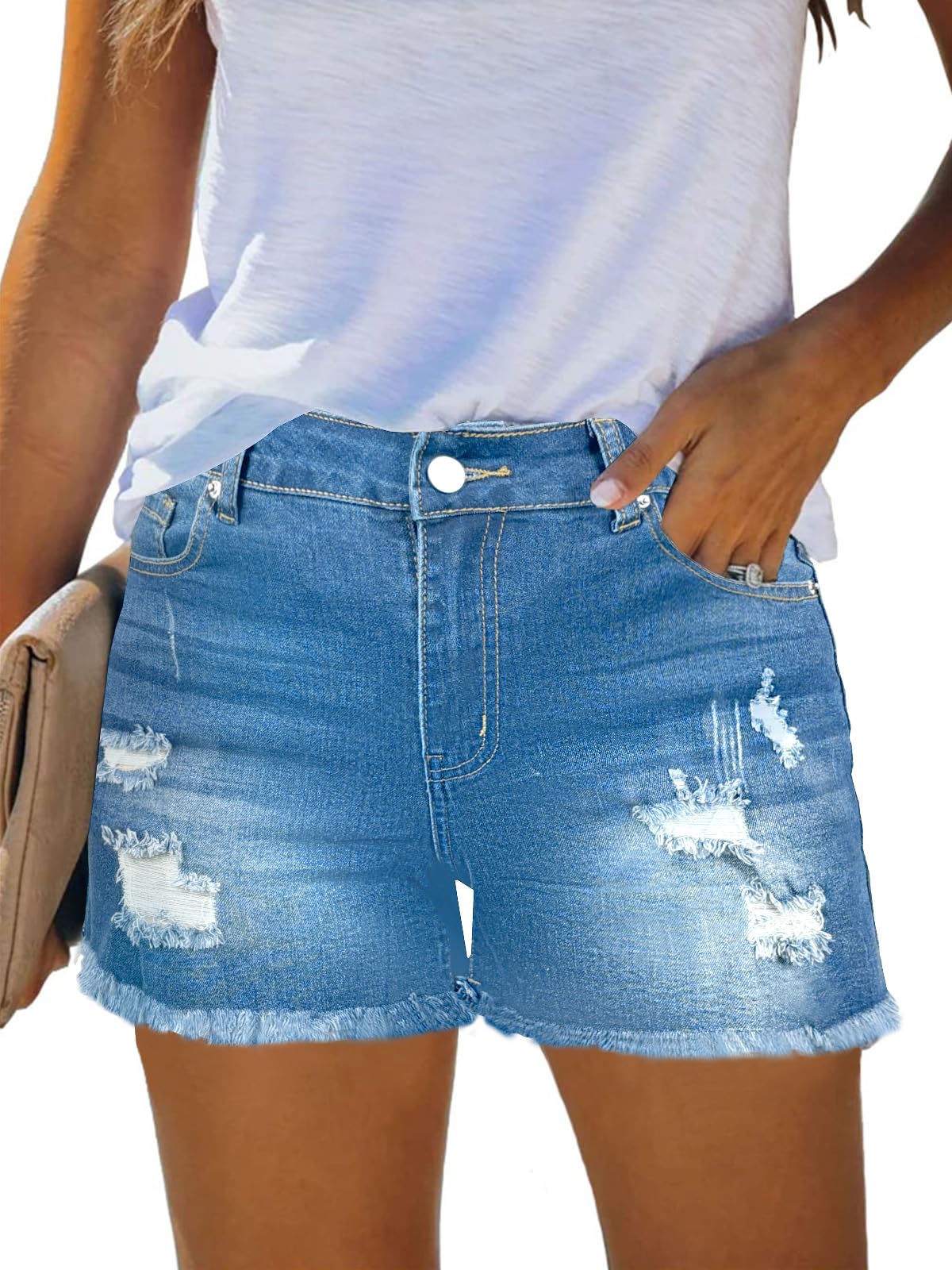 Women's Mid-High Waisted Ripped Denim Jean Shorts Summer Short Pants