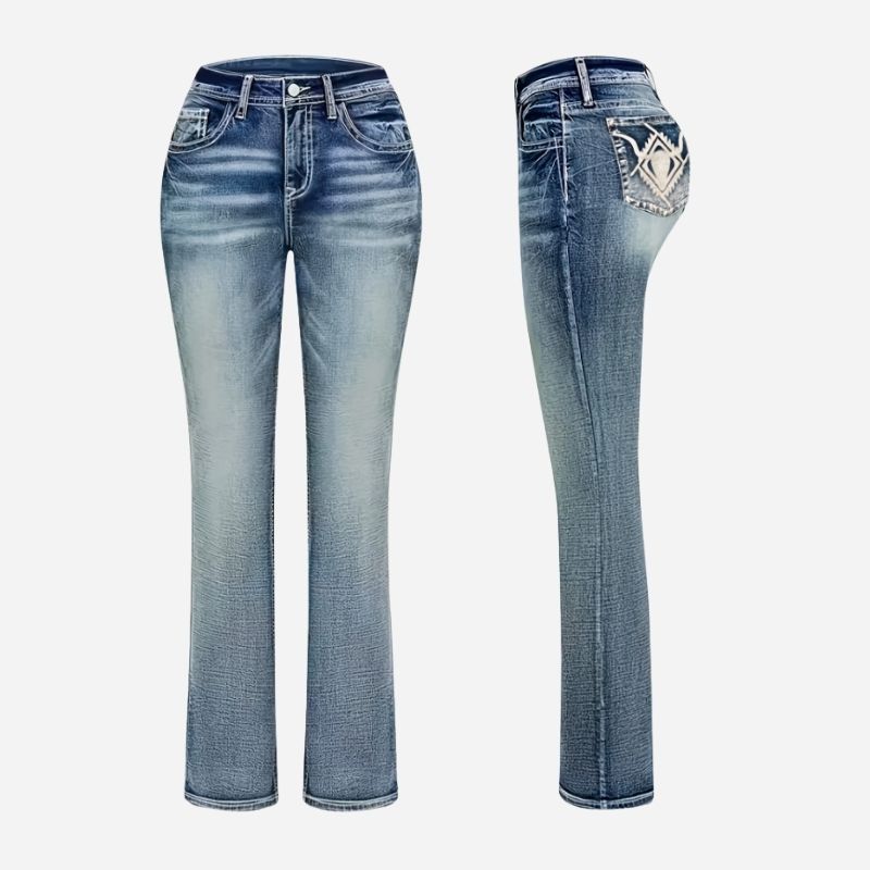 Women's mid rise bootcut jeans with embroidered back pockets denim pants, front and back views