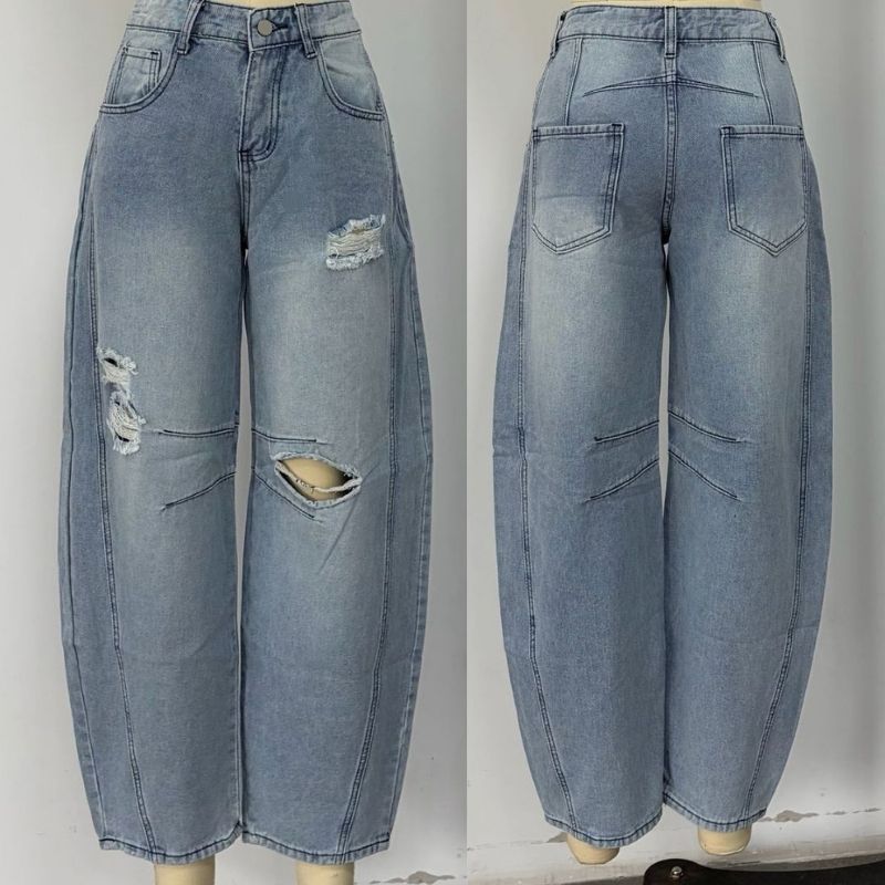 Women’s wide leg barrel jeans ripped baggy denim in light blue, front and back views