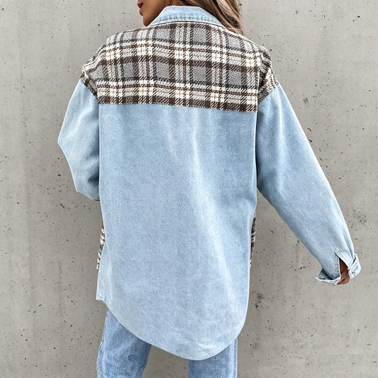 women's plaid panel denim shacket oversized jean jacket in light blue, back view