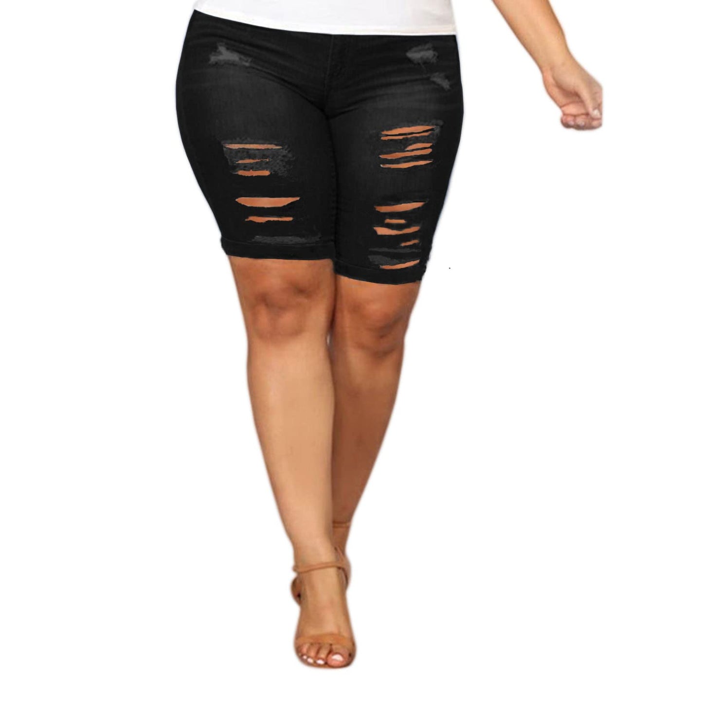 Women Plus Size Denim Shorts High Waisted Ripped Folded Hem Jean Shorts