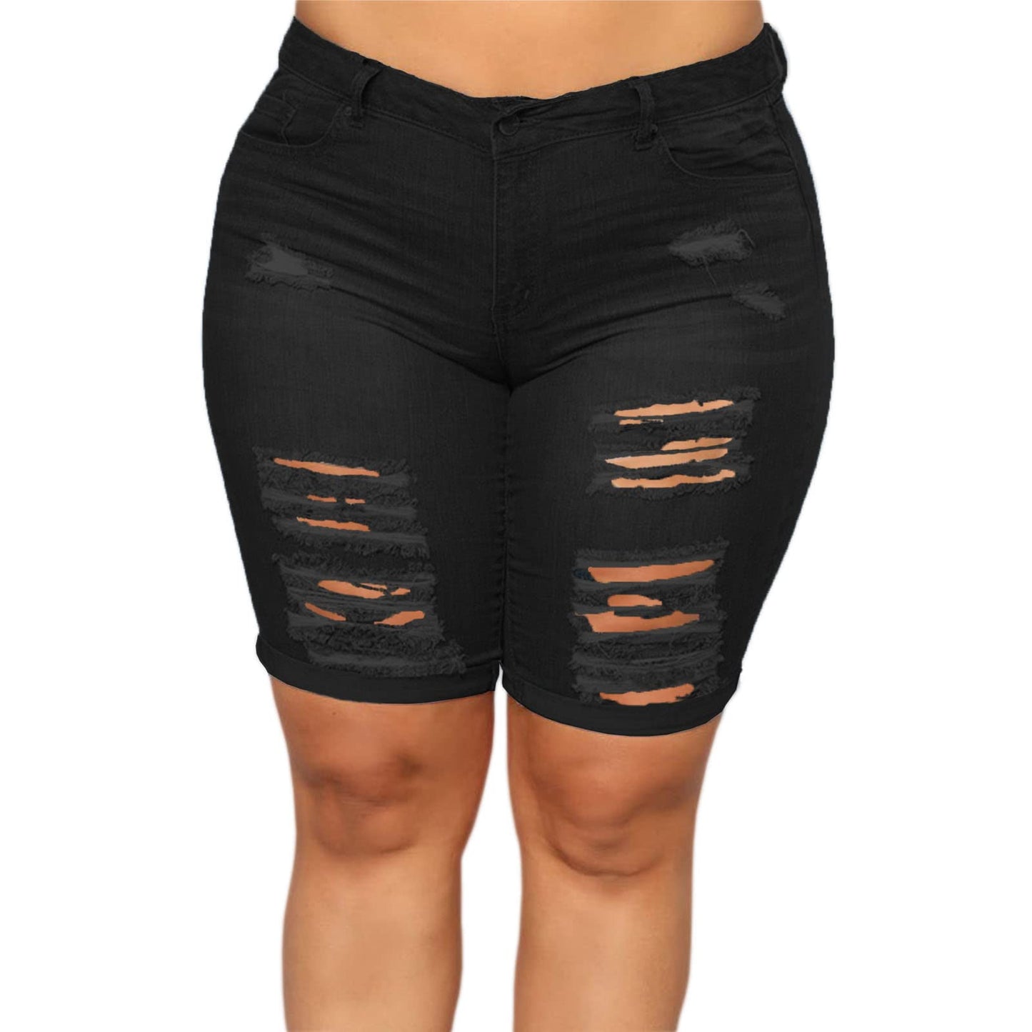 Women Plus Size Denim Shorts High Waisted Ripped Folded Hem Jean Shorts
