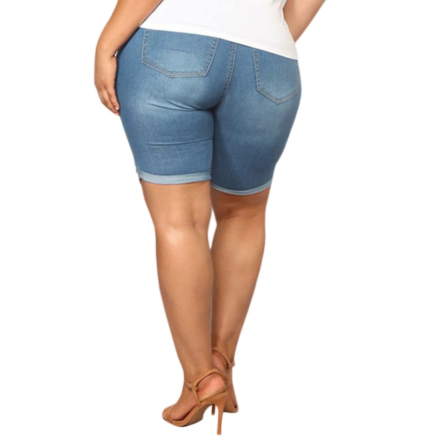 Women Plus Size Denim Shorts High Waisted Ripped Folded Hem Jean Shorts