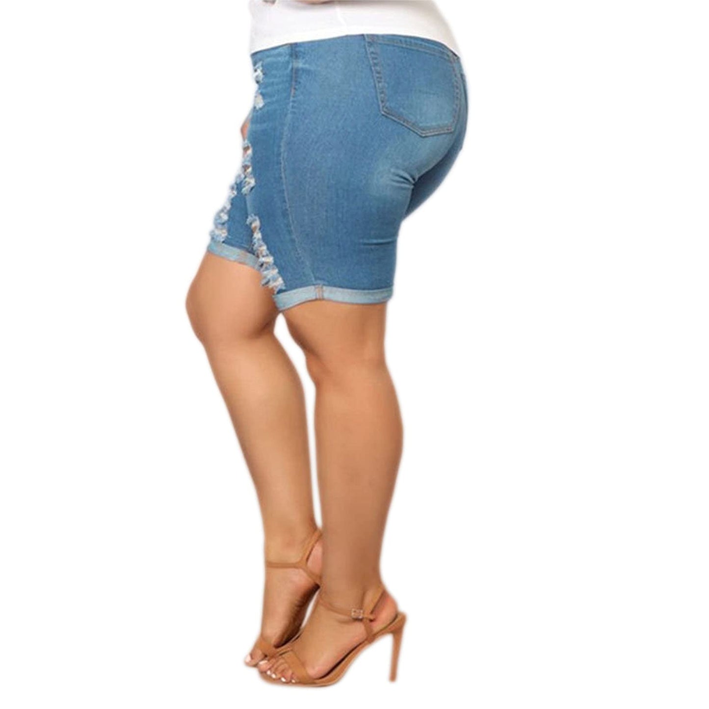 Women Plus Size Denim Shorts High Waisted Ripped Folded Hem Jean Shorts