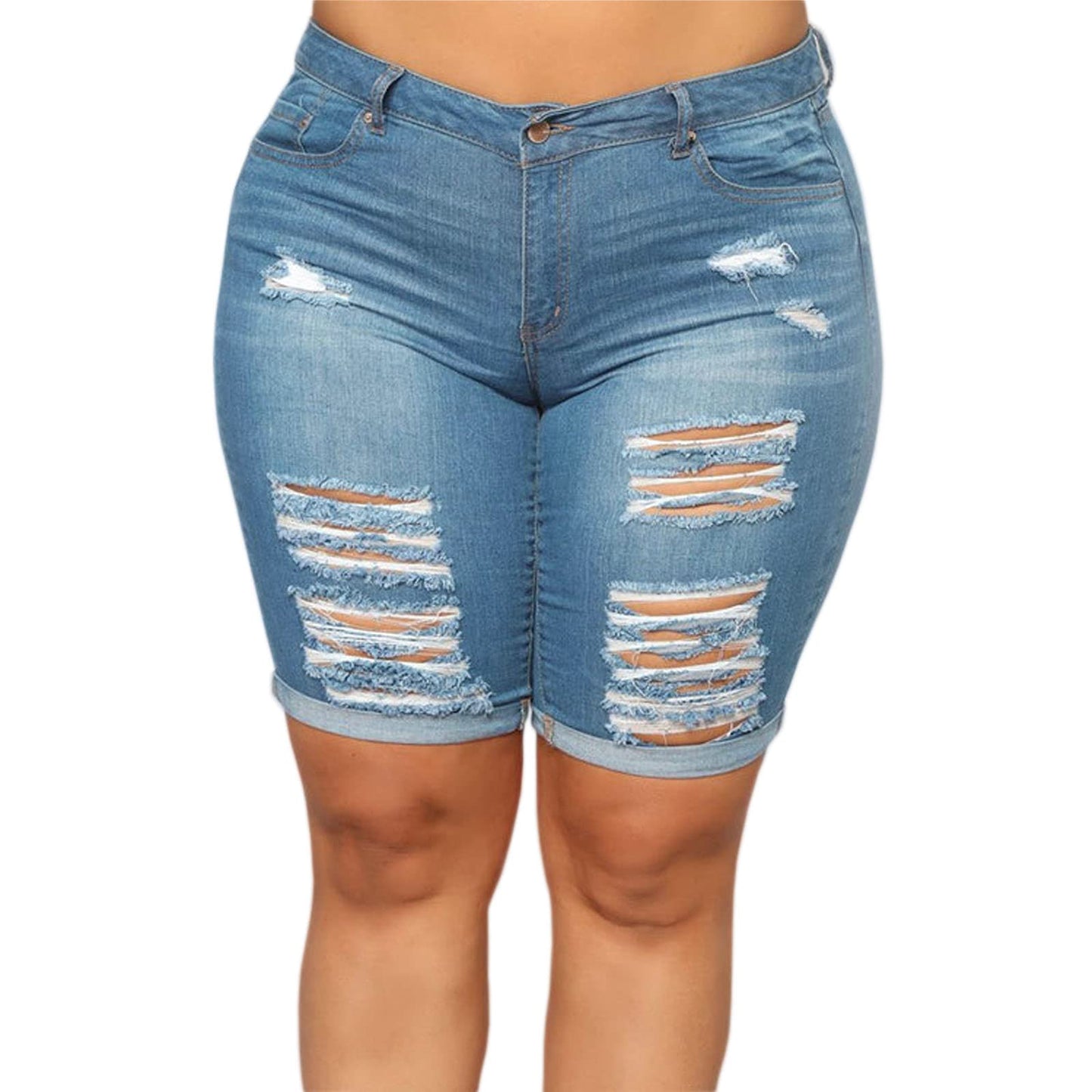 Women Plus Size Denim Shorts High Waisted Ripped Folded Hem Jean Shorts