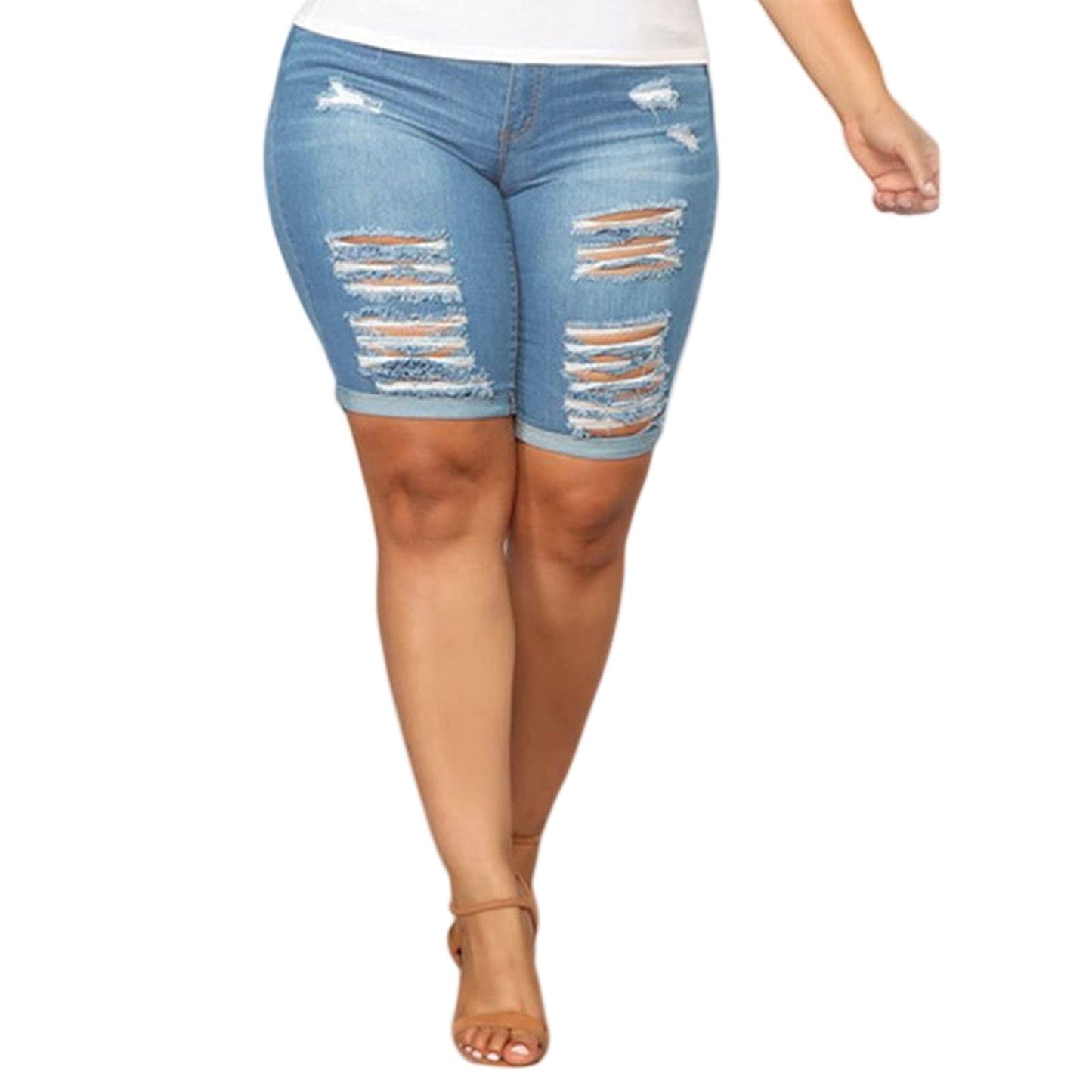 Women Plus Size Denim Shorts High Waisted Ripped Folded Hem Jean Shorts