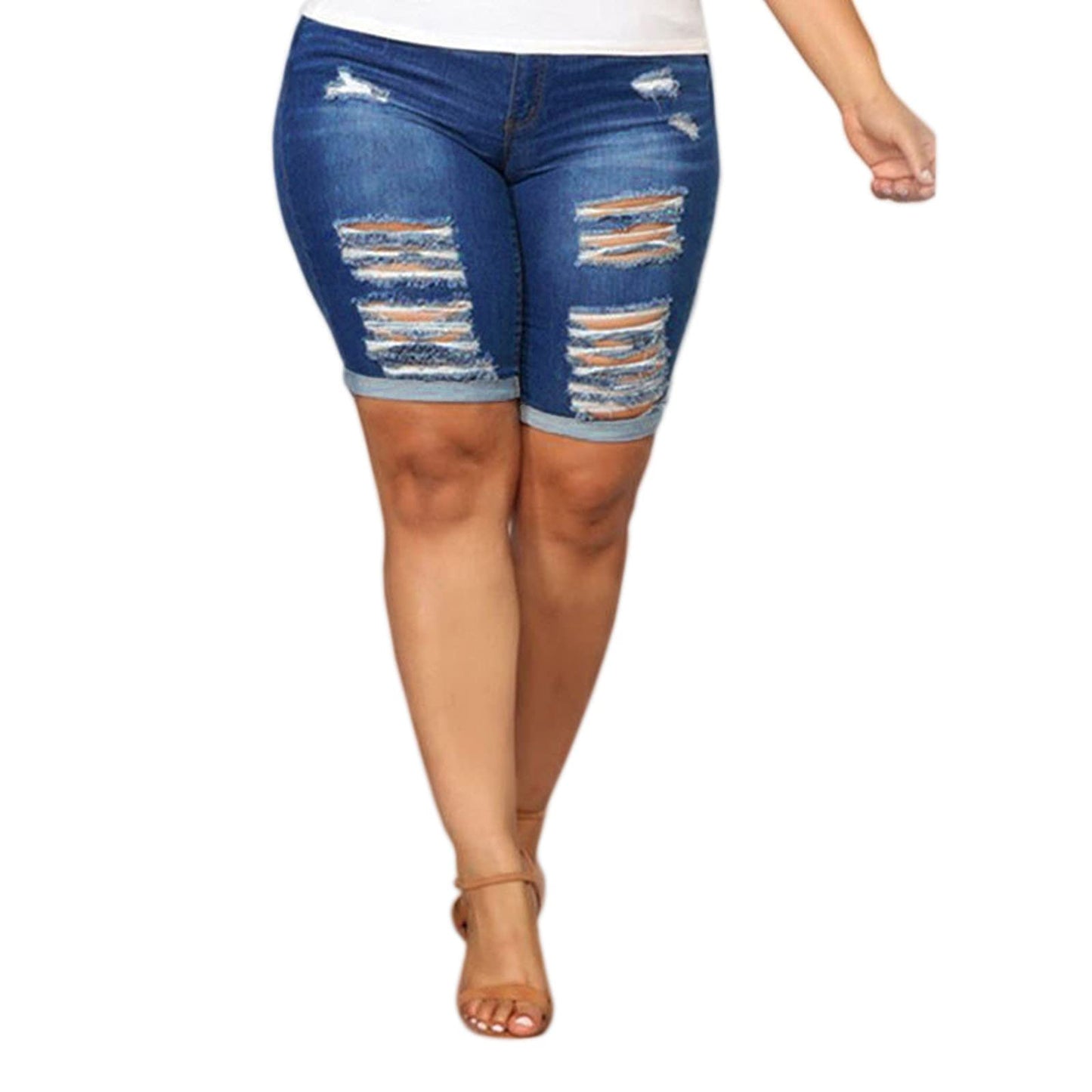 Women Plus Size Denim Shorts High Waisted Ripped Folded Hem Jean Shorts