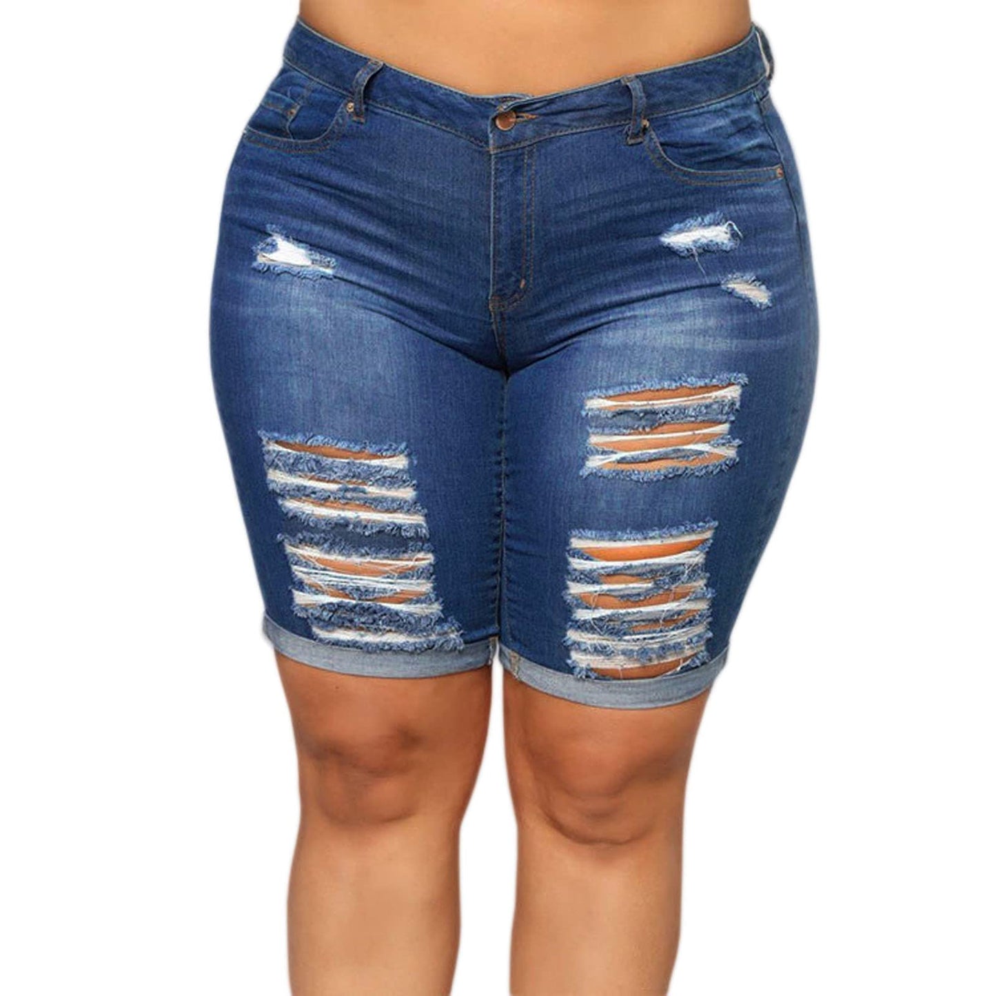 Women Plus Size Denim Shorts High Waisted Ripped Folded Hem Jean Shorts