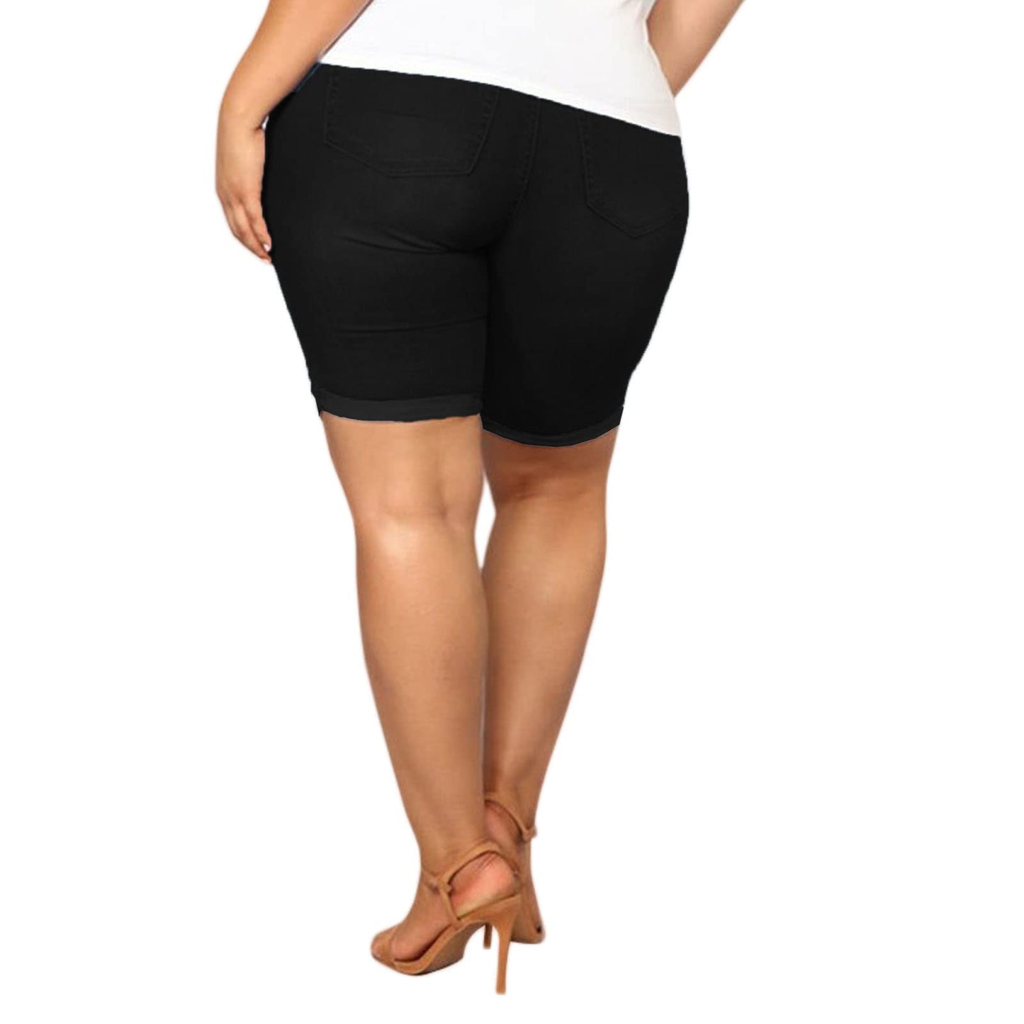 Women Plus Size Denim Shorts High Waisted Ripped Folded Hem Jean Shorts