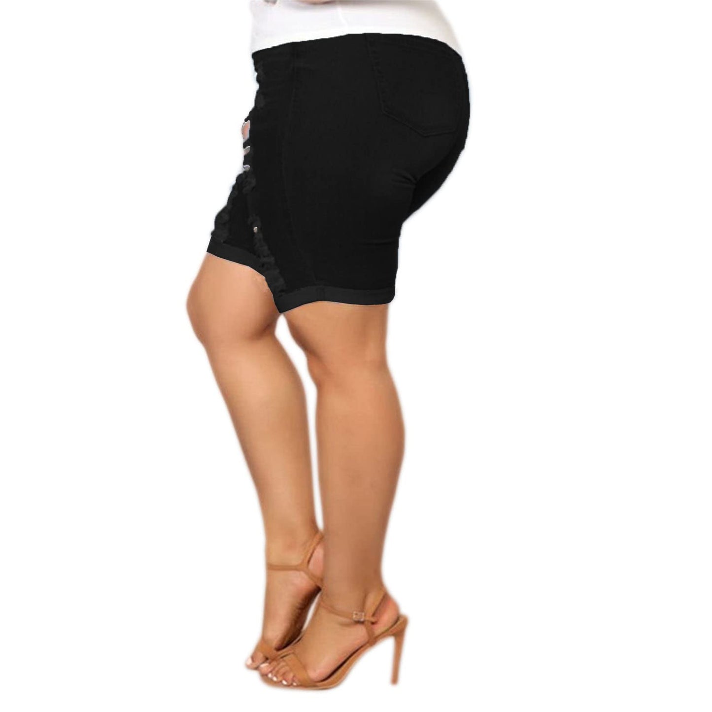 Women Plus Size Denim Shorts High Waisted Ripped Folded Hem Jean Shorts