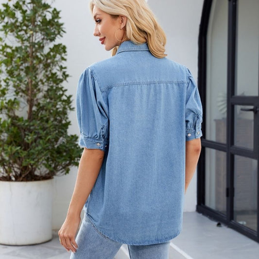 Women's puff sleeve denim shirt summer button down jean blouse