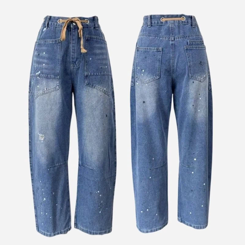women's pull-on barrel jeans drawstring baggy pants in front and back views