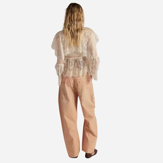 women's pull-on barrel jeans drawstring baggy pants in pink, back view