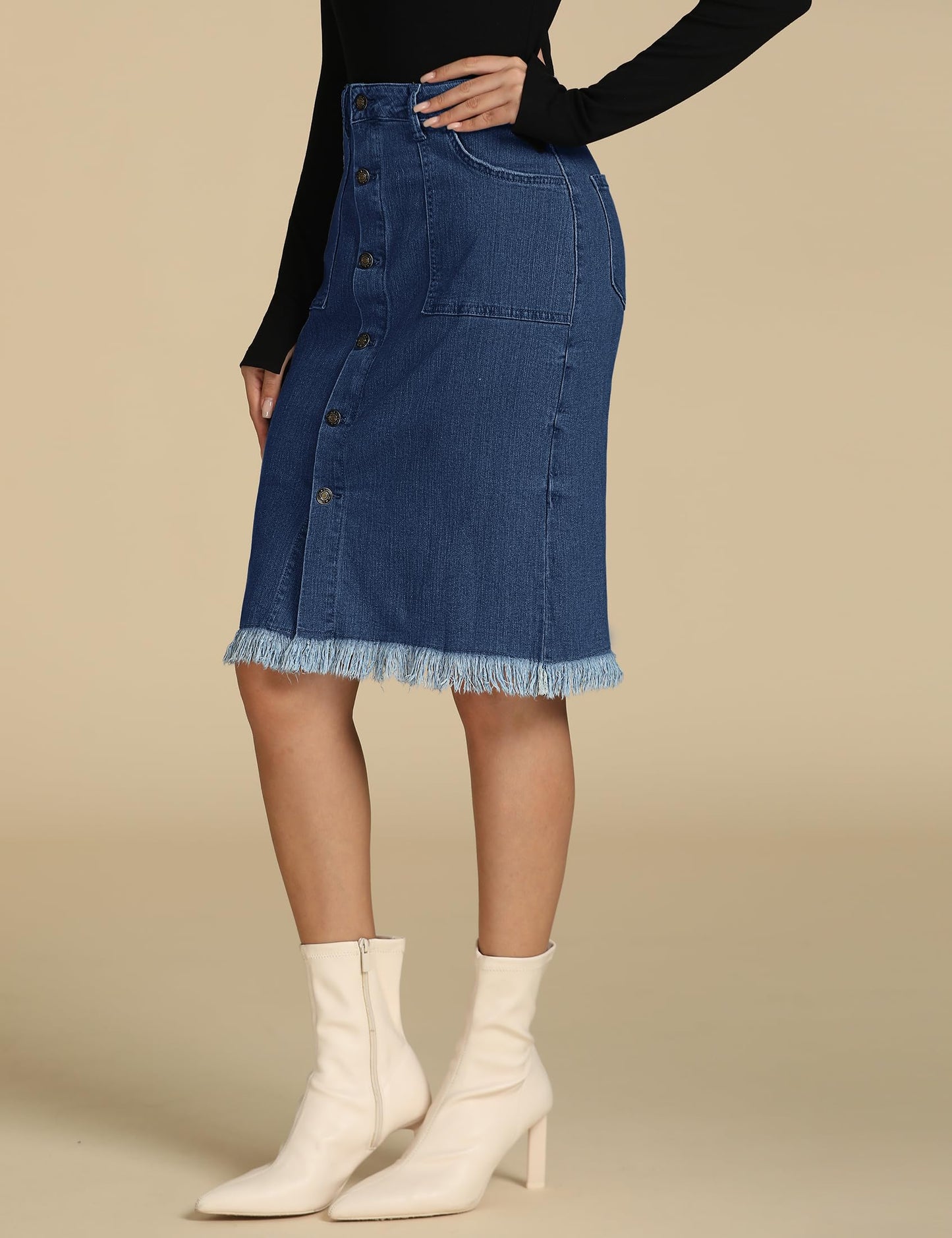 Women's Denim Maxi Skirt Elastic High Waist Frayed A-Line Jeans Skirt