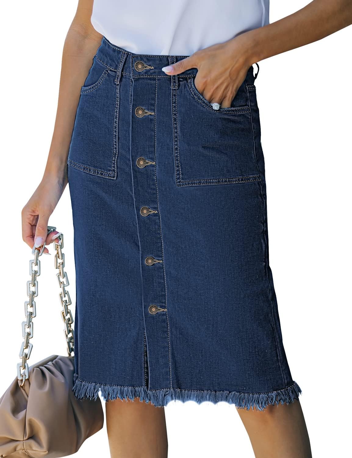 Women's Denim Maxi Skirt Elastic High Waist Frayed A-Line Jeans Skirt