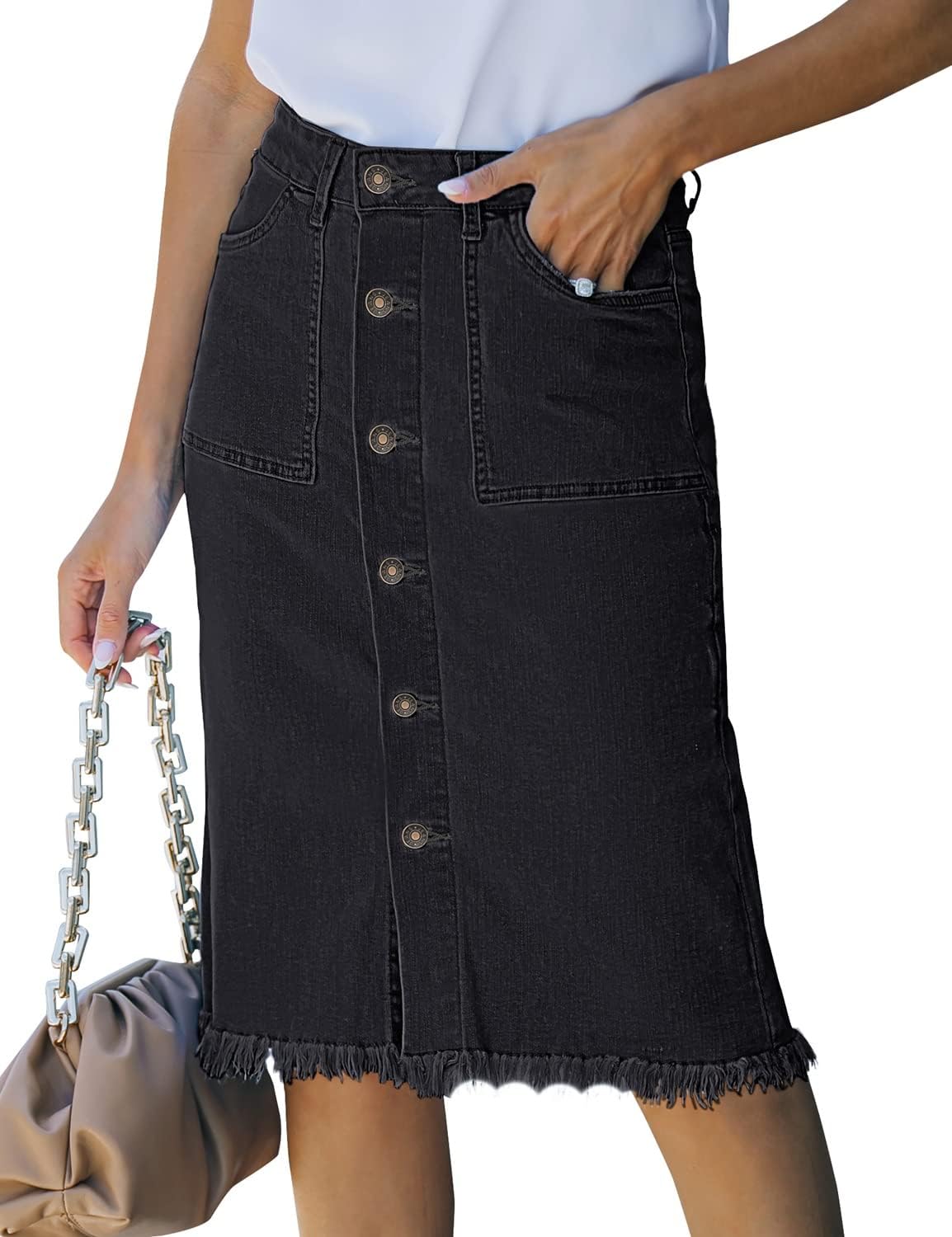 Women's Denim Maxi Skirt Elastic High Waist Frayed A-Line Jeans Skirt