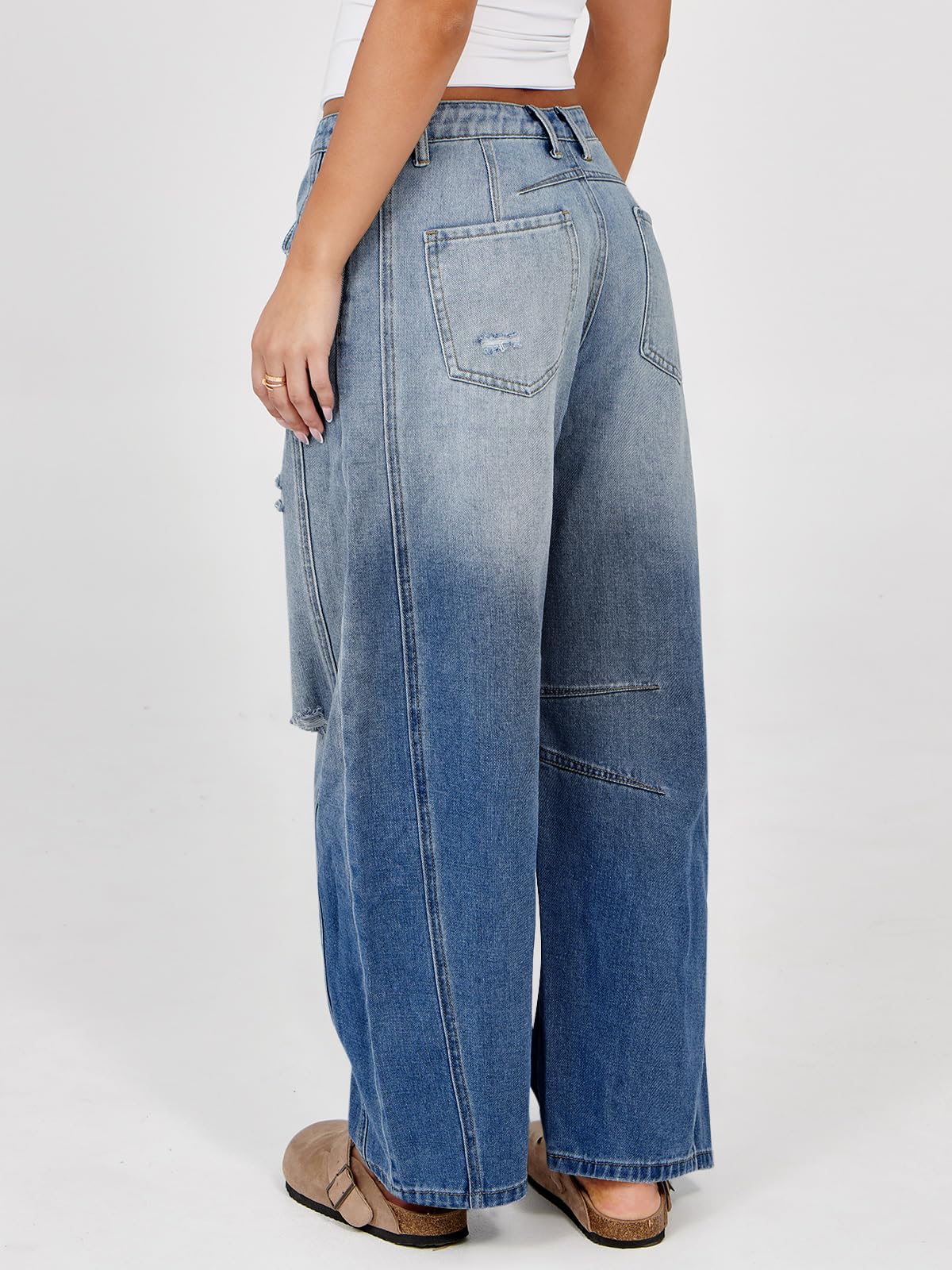 Women's Ripped Barrel Jeans Boyfriend Mid Rise Wide Leg Denim Pants